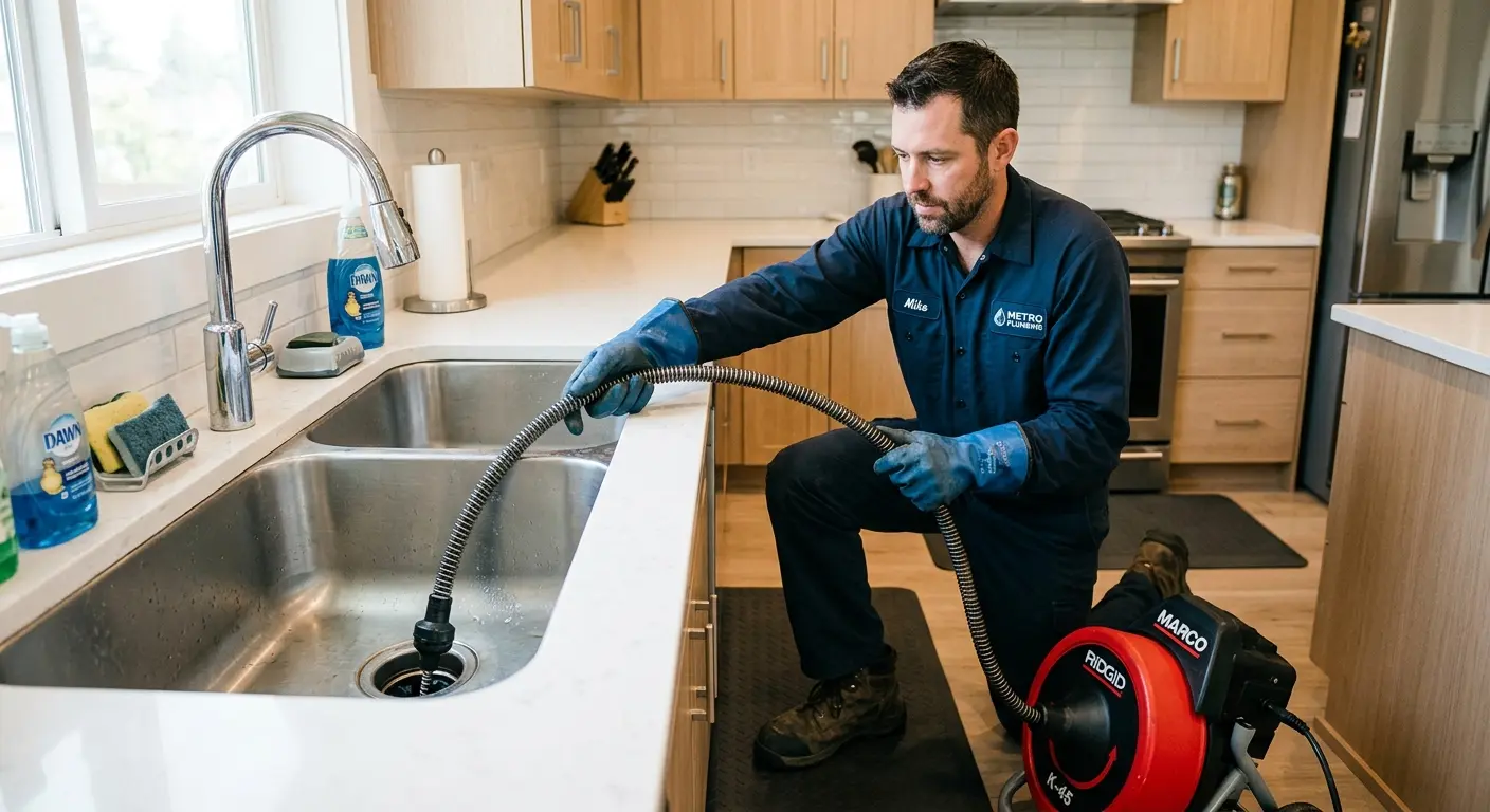 Drain cleaning technician using a motorized snake on a kitchen sink in Glen Cove