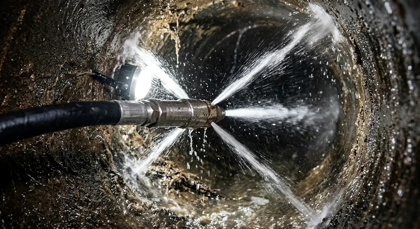 High-pressure hydro jetting nozzle cleaning sewer pipe for Trenchless Sewer Repair in Glen Cove