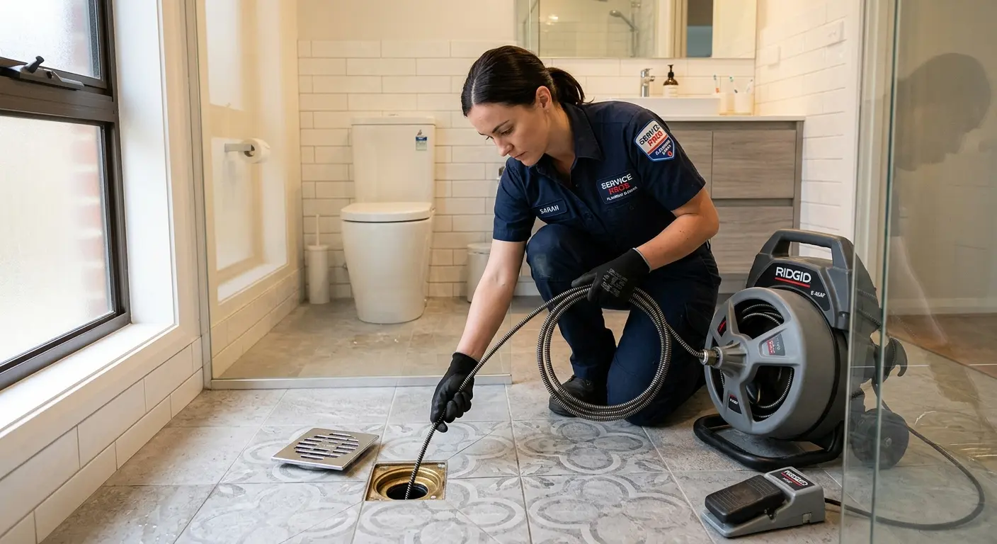 Technician clearing a bathroom floor drain for Clogged Drain Repair in Glen Cove